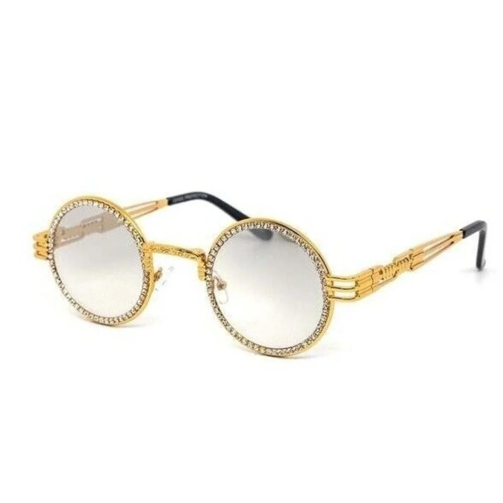Rhinestone Sunglasses Round Frame Gold Metal Frame Men's Fashion Street Wear New